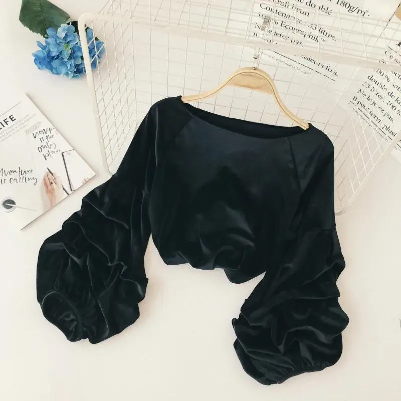 2018 Новая мода Женская блузка рубашка осень и зима сплошной цвет ретро бархат