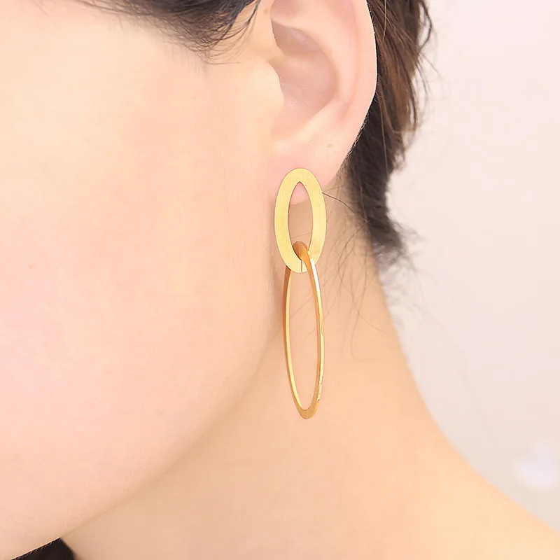 KLDY Rose Gold/Gold Color Big Round Earrings double circle drop stainless steel Simple For Women Accessories Jewelry | Украшения и