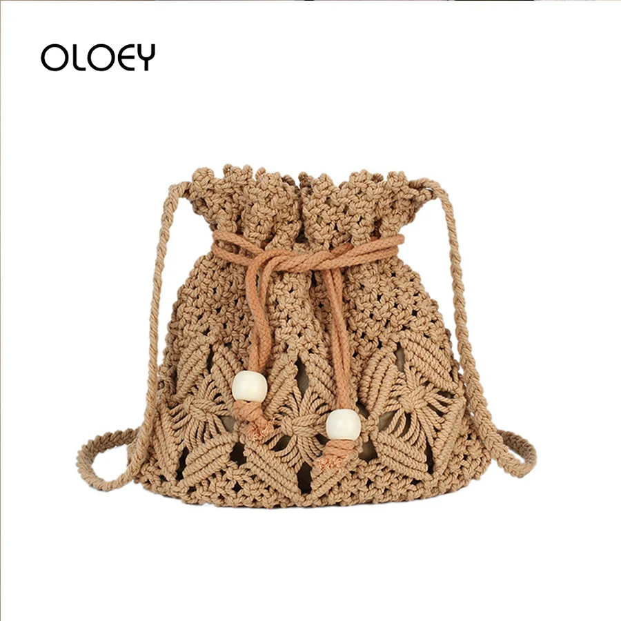 New Drawstring Women's Bucket Straw Bag Summer Woven Shoulder Bags Female Beach Handbags Travel Tote Messenger Sac | Багаж и сумки