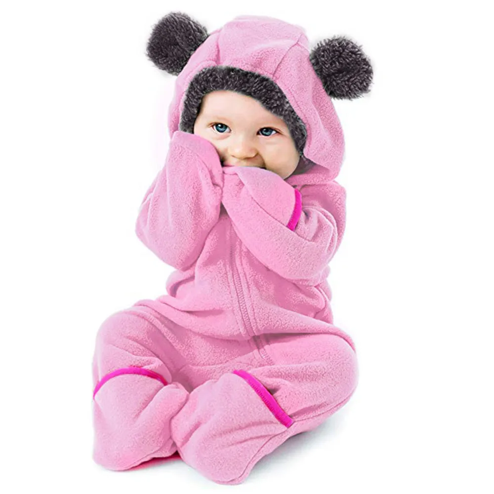 Pink Боди из полиэстера с круглым вырезом для маленьких мальчиков и девочек; зимние однотонные боди для маленьких мальчиков и девочек; модные боди с длинными рукавами для новорожденных - Цвет: Pink