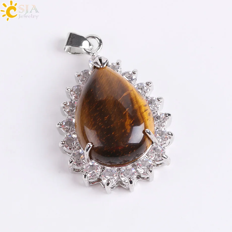 Tiger Eye CSJA рейки натуральный драгоценный камень капли воды ожерелье Подвески фиолетовый розовый кварц Лазурит тигровый глаз опал Стразы ювелирные изделия E829 - Окраска металла: Tiger Eye