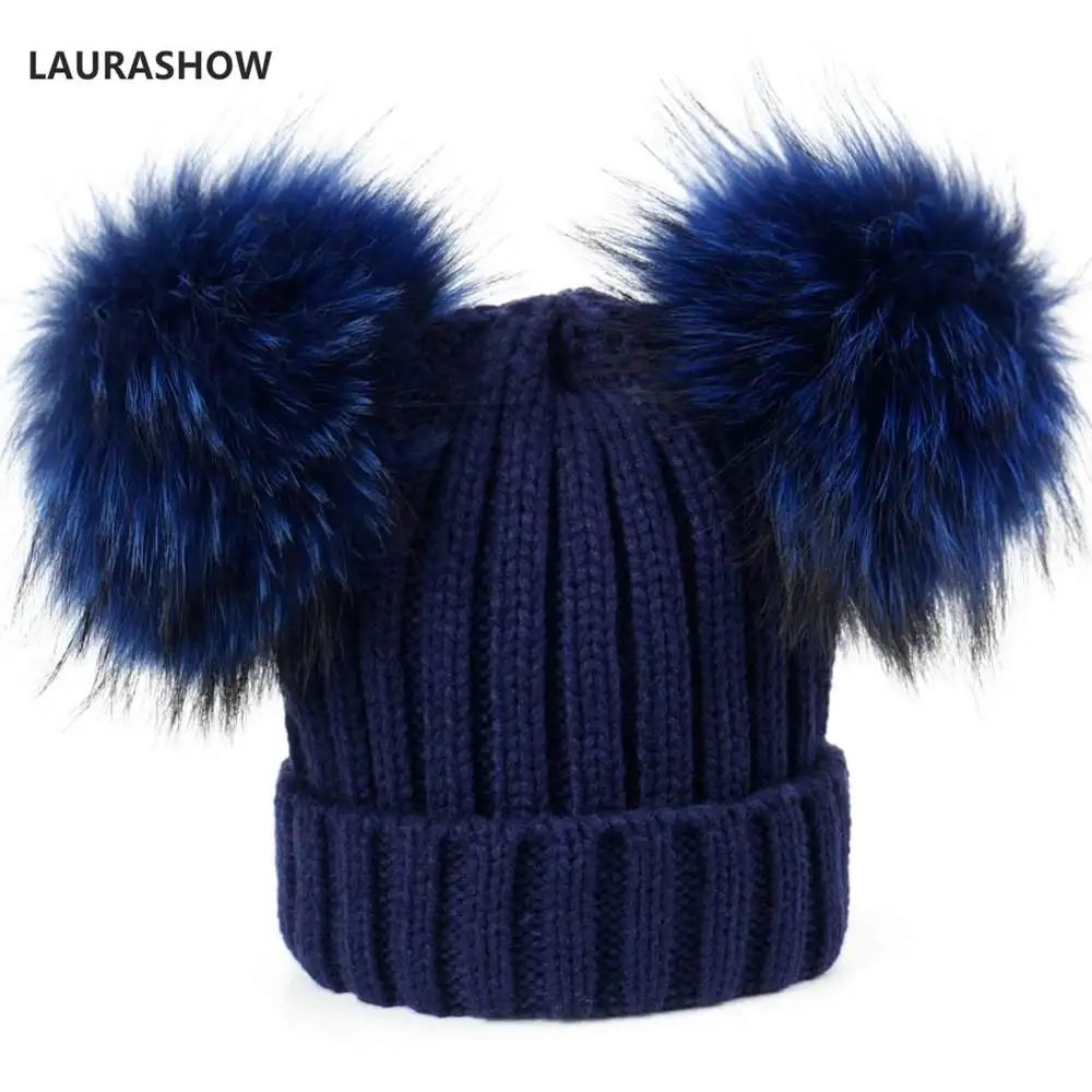 as picture LAURASHOW, зимняя брендовая шапка для взрослых, 16 см, двойная, натуральный мех, помпон, шапка для женщин, шапка, вязаная шапка, шапка, Skullies, женские шапочки - Цвет: as picture