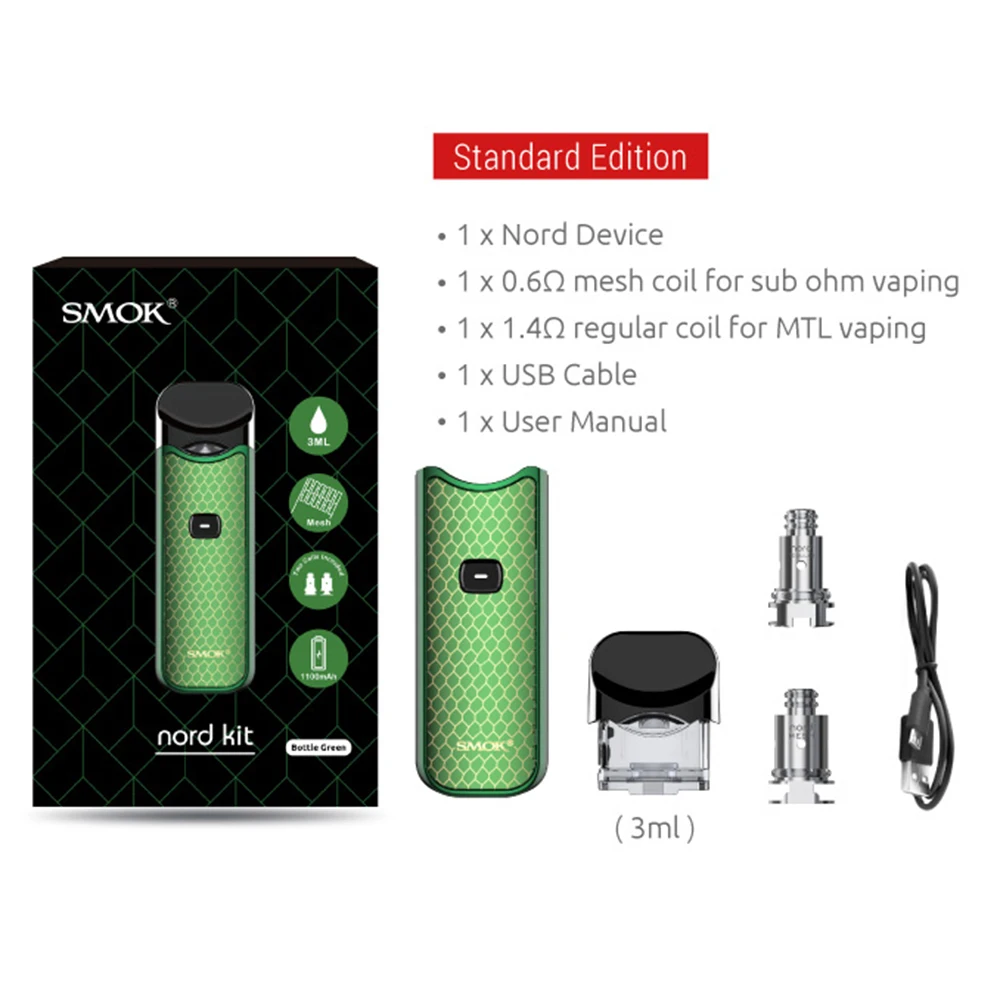 Smok Nord Pod Kit 1100 мАч емкость 3 мл электронная сигарета картридж Vape kit nord pod e smoke