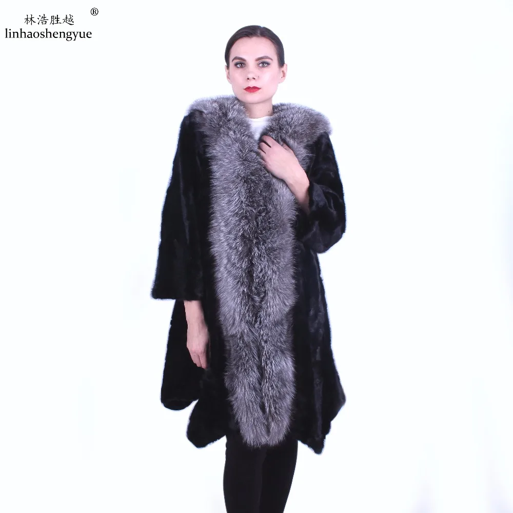 Linhaoshengyue  Fashon Women Mink Fur Coat  with Silver Fox Fur Collar  Real Mink Fur