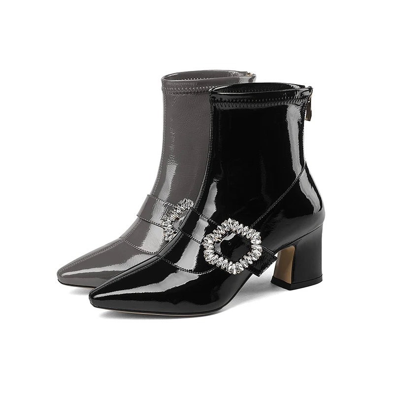 Женские ботинки из лакированной кожи ISNOM зимние с острым носком на высоком