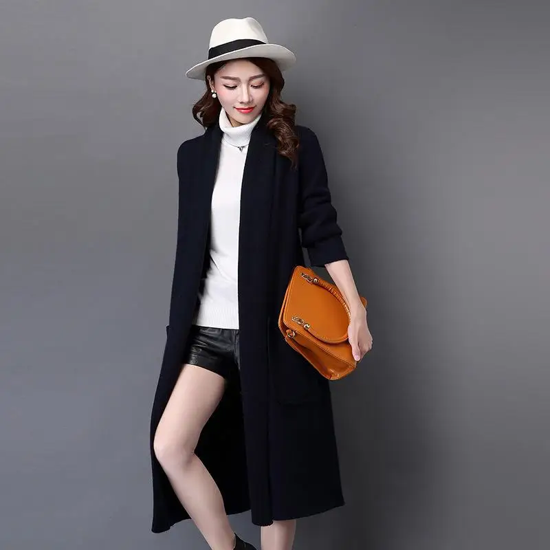 Женский однотонный кардиган с отложным воротником и карманами|sweater coat|womens knitbrand