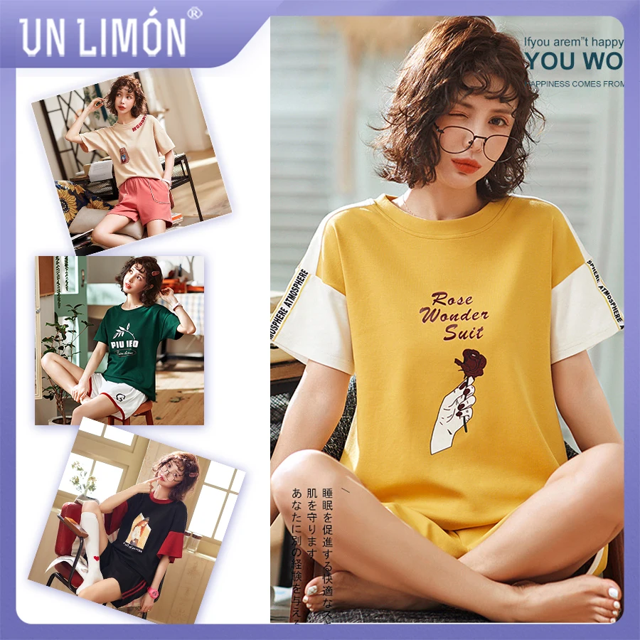 UNLIMON женские хлопковые пижамы корейская модная Пижама наборы шорты с коротким