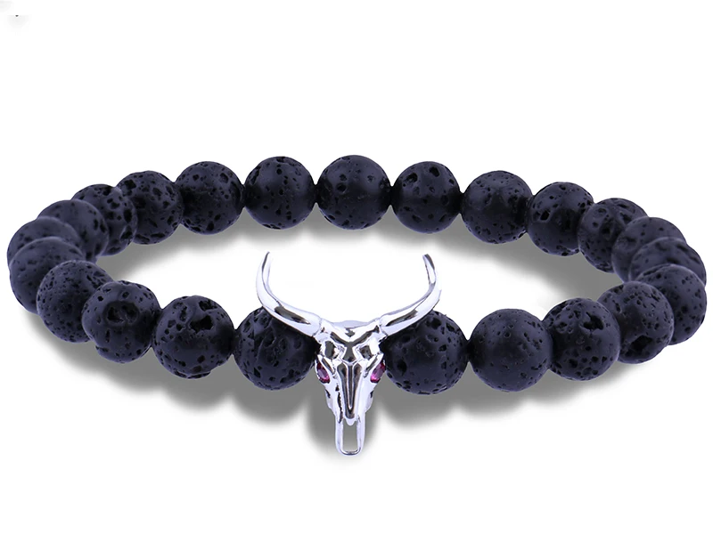 Панк Булл голова циркон браслет Мода 8 мм Лава камень бусины Шарм Браслеты и