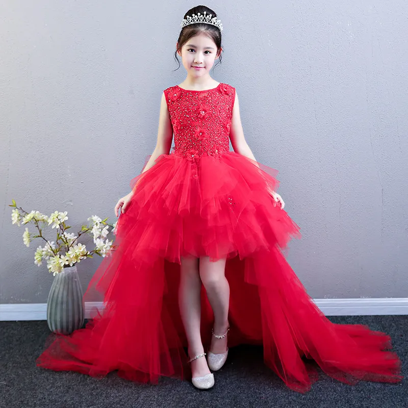 long red dress Свадебные платья для девочек, держащих букет невесты на свадьбе; Детские Многослойные вечерние платья принцессы со шлейфом для дня рождения; платье для первого причастия - Цвет: long red dress