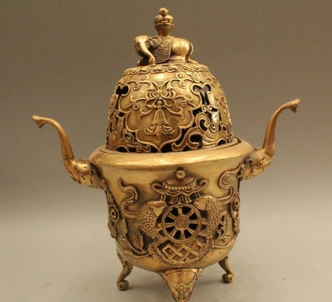 10&quot Marked Chinese China Brass Fish Elephant Zun Incense Burner Censer Statue |
