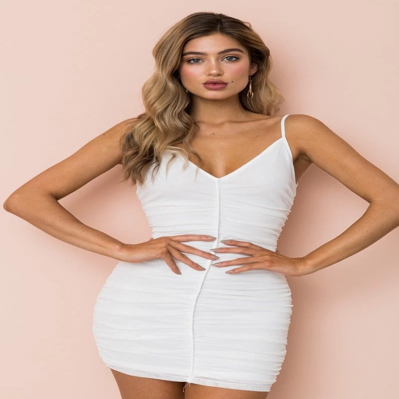 Sexy Fashion Women Slim Sleeveless Deep V-Neck Skinny High Waist Ruched Solid Mini Dress Cocktail Party Clubwear | Женская одежда