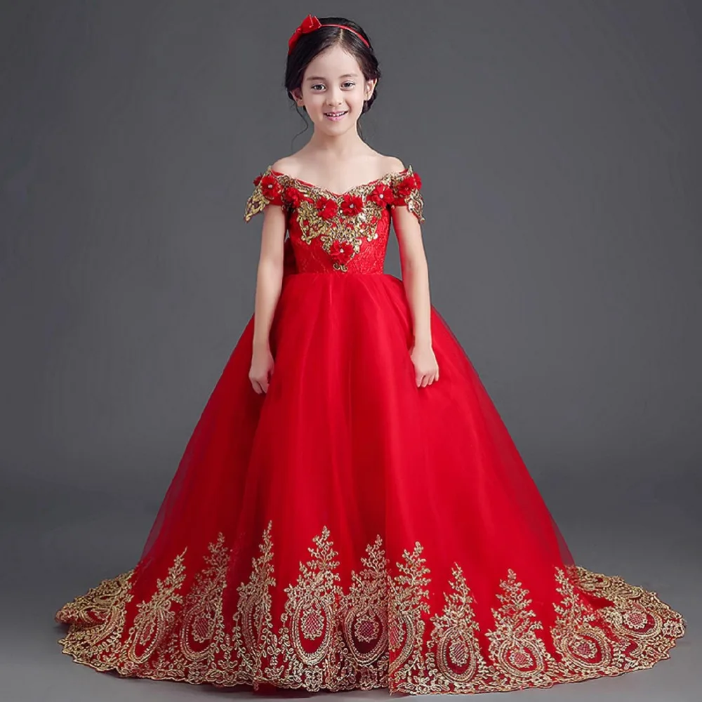 Exquisite Ball Gown Red Long Trailing Flower Girl Dresses for Weddings kids Elegant Gold Wire Birthday Pageant Dress Custom Made | Детская