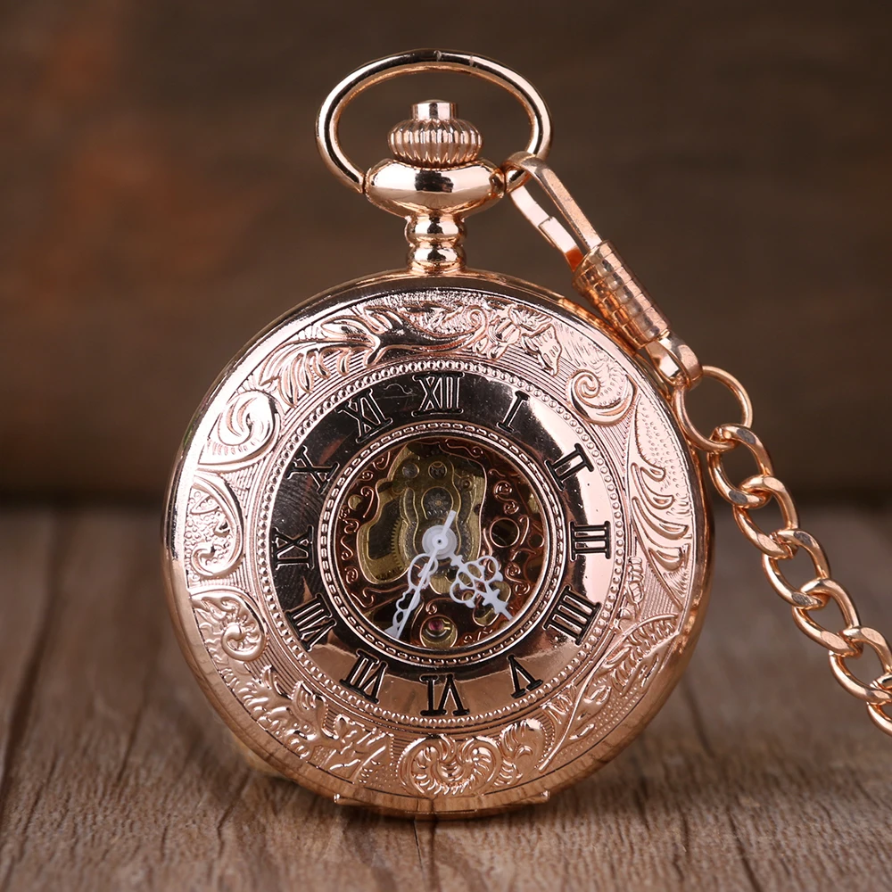Luxury Rose Gold Roman Numerals Display Manual Mechanical Pocket Watch Steampunk Men's and Women's Necklace Pendant Clock