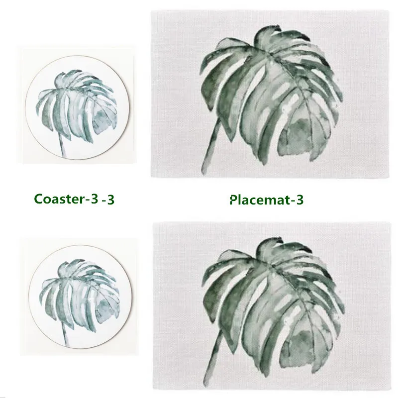 

Green Plant Table Mat 2pcs Soft PVC Placemats and 2pcs Wood Coaster Pad Non-slip Heated Coffee Tea drink Coasters Brand Mat 1set