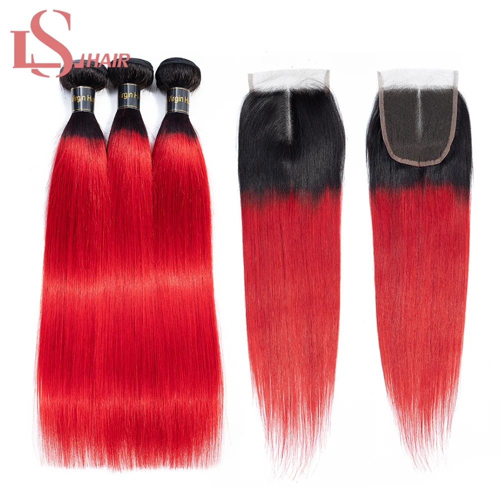 

LS Hair ombre colored remy human hair 1B/99J/350/Burgundy/pink/Red hair 3 bundles with lace closure 4*4 straight hair extensions