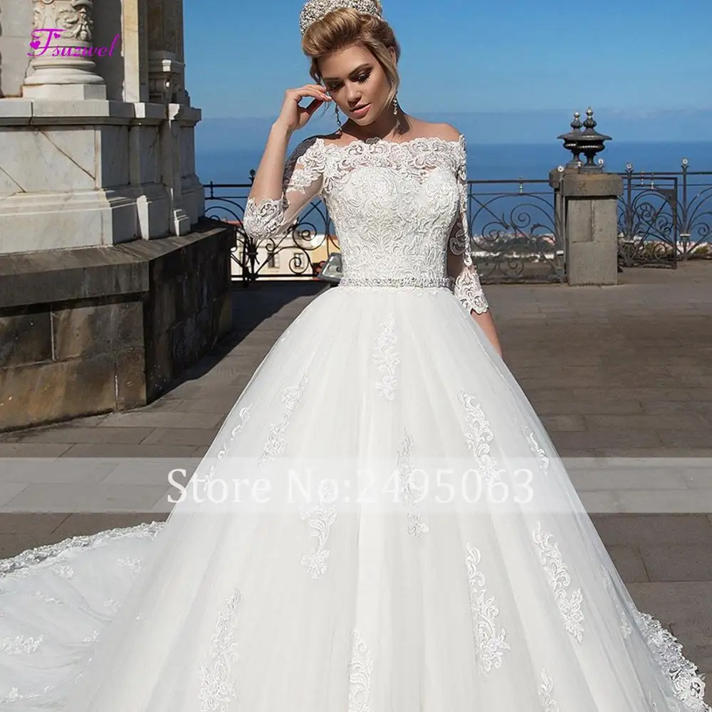 Glamorous Half Sleeve Appliques Chapel Train A-Line Wedding Dresses 2020 Luxury Sashes Beaded Scoop Neck Bridal Gowns Plus Size | Свадьбы и