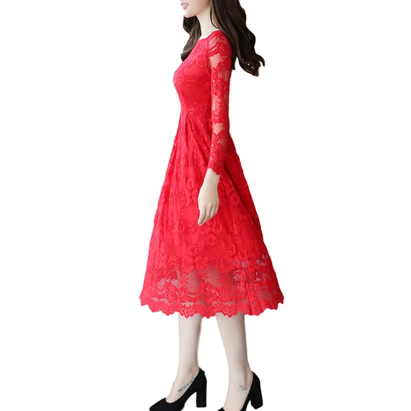 Женское кружевное платье миди с круглым вырезом и длинным рукавом|dress robe|lace dressmidi