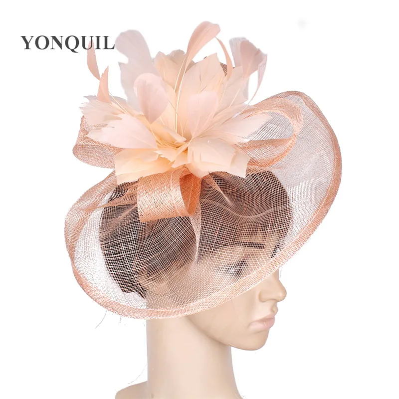 

Yellow Sinamay Fascinator Hair Accessories With Feather Hairbands Decorative Women Red Wedding DIY Hair Clips Or Multiple Colors