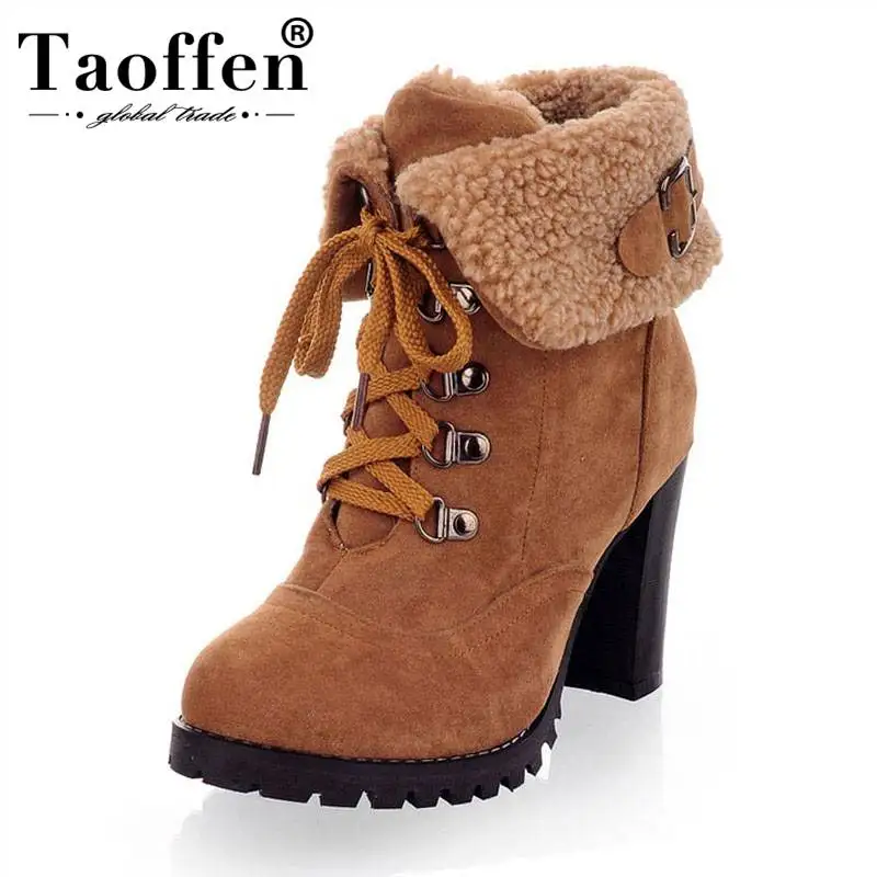 TAOFFEN/женские полусапожки на высоком каблуке; зимние ботинки; модная обувь; Теплые Ботинки на каблуке; размеры 32-43; ah195