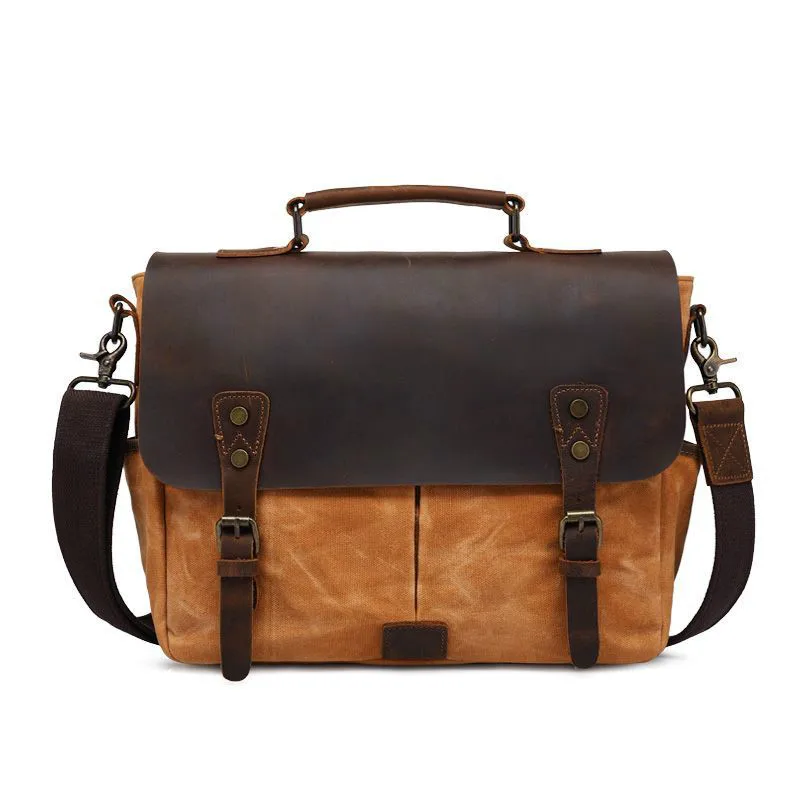 New Waterproof Wax Canvas Messenger Bag for Men High Quality Crazy Horse Leather Belt Laptop Business Handbag Retro Briefcase