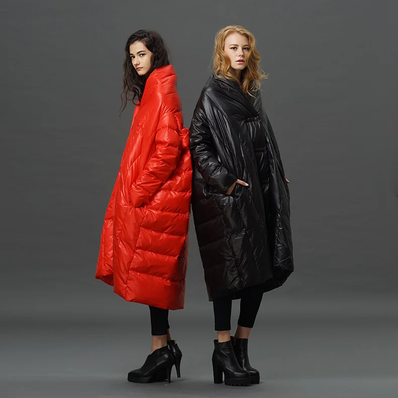 

S-4XL Plus size 90% duck down coat fashion brand high collar cloak style long down jacket women's loose thicker warm coat wj1305