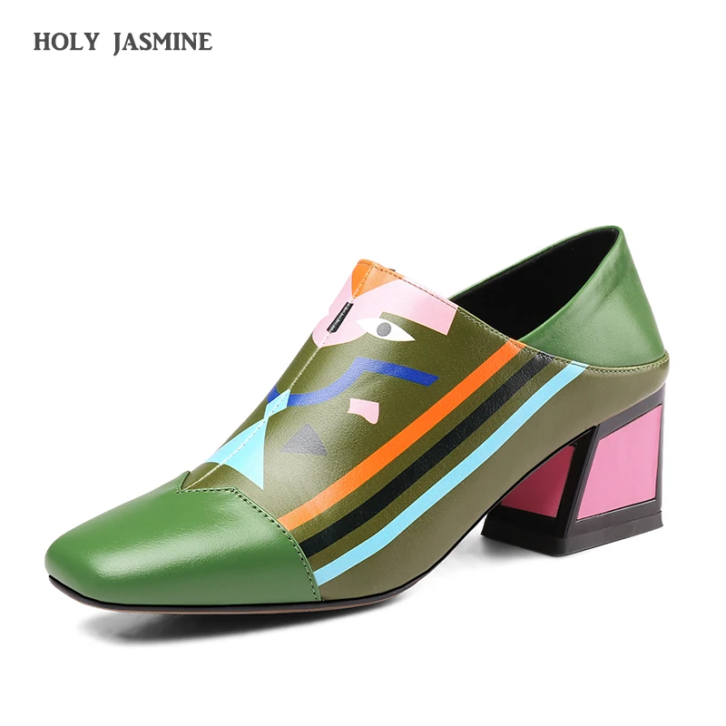 

2019 Spring New Women Fashion High-heeled Shoes Women Genuine Leather Shoes Spring Mixed Colors Pumps Heels Fashion Brand Shoes