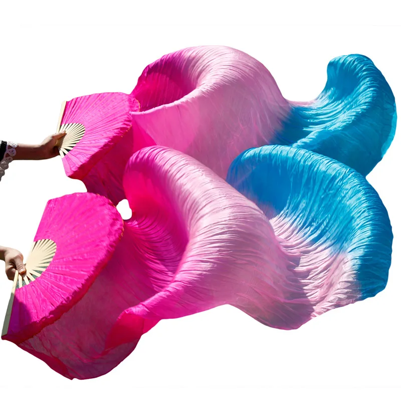 Fuchsia pink blue Высокая распродажа, Женская качественная шелковая вуаль для танца живота, веер, натуральный шелк, 2 дюйма, цветная вуаль, 1 пара, 180*90 см, R-O-Y-O-R - Цвет: Fuchsia pink blue
