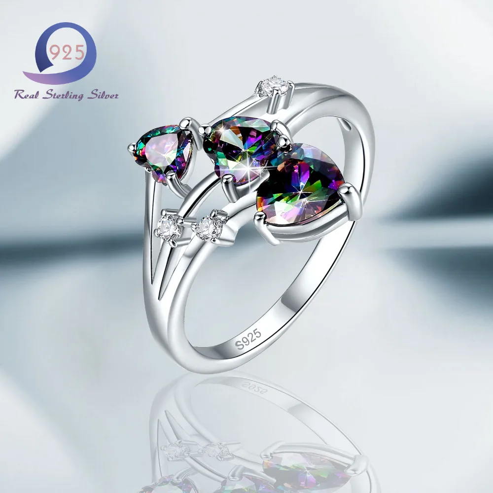 

Merthus 925 Sterling Silver Ring Heart Shape Multicolor Women Trendy Jewelry 3 Stone engagement Rings
