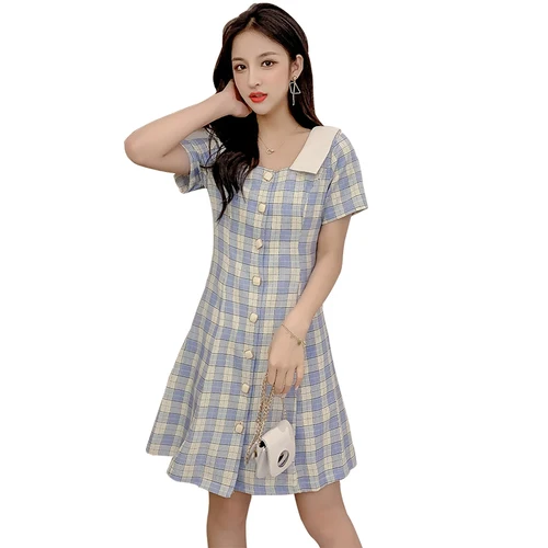 

Vintage 2019 A-line Women Dresses Casual Brief Patchwork Dress For Summer Single Breasted Fashion Loose Korean Vestidos