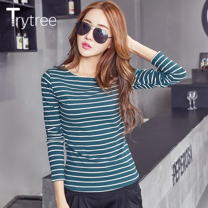Trytree Summer Autumn stripes top Women t shirt Casual Polyester Solid White Tops clothes Plus Size cotton tshirt | Женская одежда