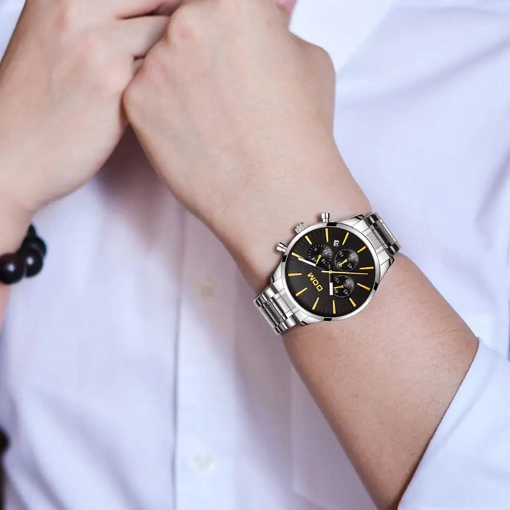 Reloj Dom спортивные мужские часы кварцевые с тремя глазами серебряные бизнес Топ