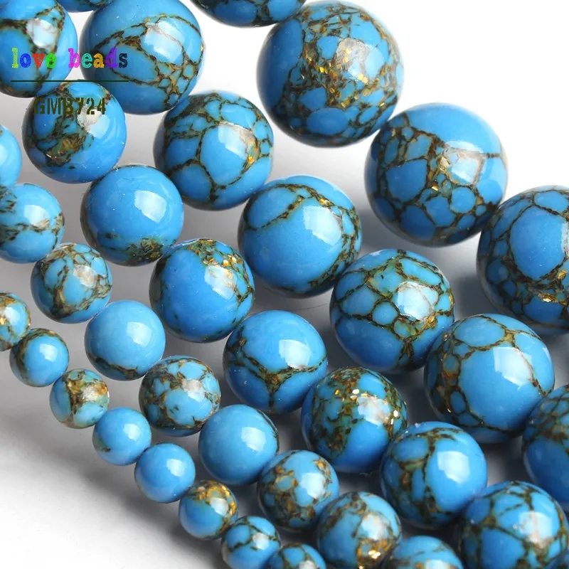 Голубые Круглые бусины Howlite из прядильного золота бриллиантовый браслет 15 дюймов