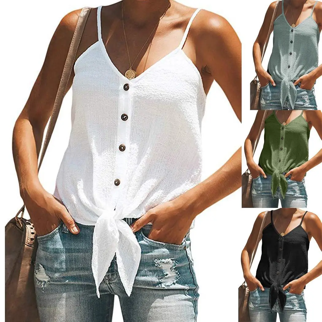 Женская Повседневная майка на бретельках без рукавов с однотонной пуговицей