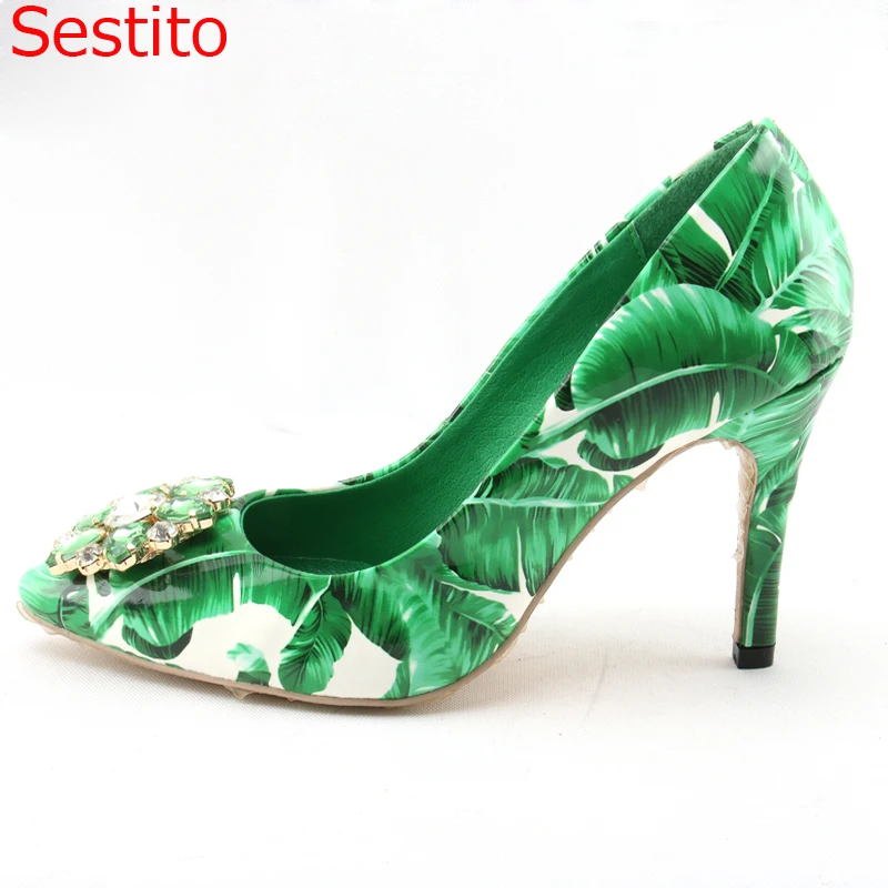 

Spring Woman Floral Gem Crystal Green Banana Leafs Printing Pumps Pointed toe Slip-on Stiletto Heel Wedding Dress Heels Shoes