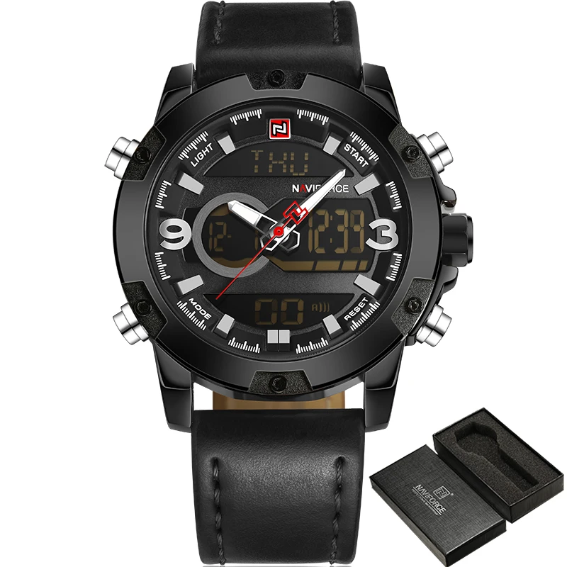 Часы NAVIFORCE мужские спортивные кожаные кварцевые цифровые светодиодные армейские