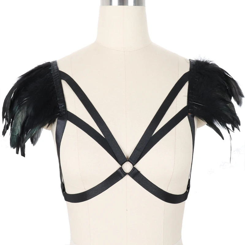 Black Sexy Body Harness for Women Feather Epaulettes Lingerie Cage Bra Bondage Tops Goth Angel Wings Party Dance Festival Rave | Женская