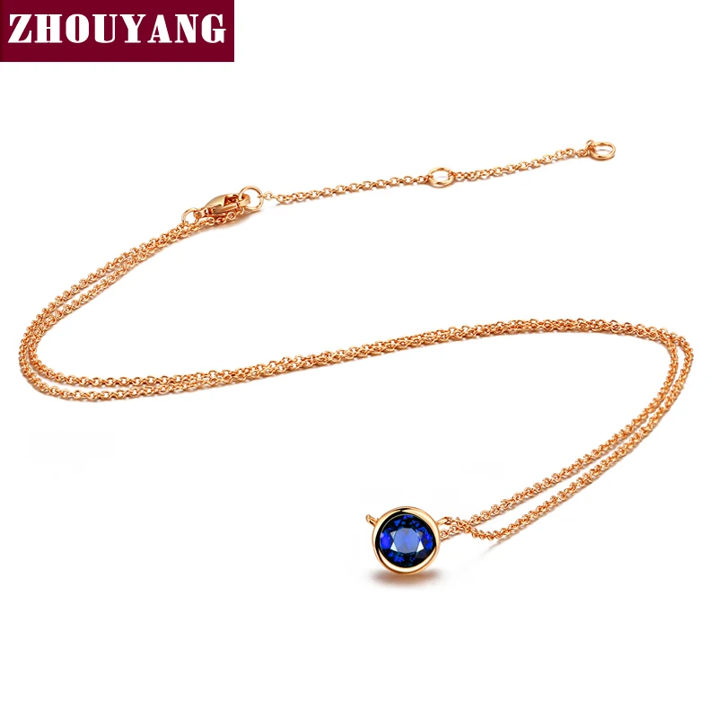 Rose Gold Blue ZHOUYANG ожерелье для женщин, простое Стильное ожерелье с кулоном из кубического циркония, розовое золото, модное ювелирное изделие, подарок на день рождения, ZYN388 - Окраска металла: Rose Gold Blue