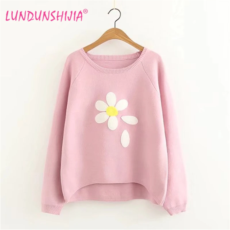LUNDUNSHIJIA Flower Embroidery Women Sweaters 2017 Autumn Winter New Fashion Casual Pullover Long Sleeve O-neck Knitwear 4 Color | Женская