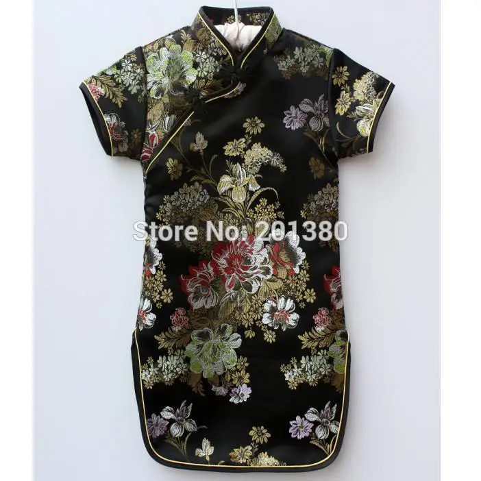 Черное платье Ципао с цветочным рисунком для маленьких девочек цельнокроеные