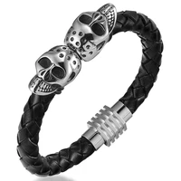 janeyacy brand 2017 black genuine leather skeleton skull charm bracelet men gift punk rock jewelry stainless steel cuff bangle