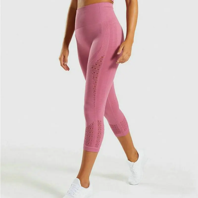 Pink Энергетические Бесшовные женские спортивные Капри для занятий йогой с высокой эластичной талией однотонные обтягивающие Стрейчевые брюки Обрезанные Леггинсы - Цвет: Pink