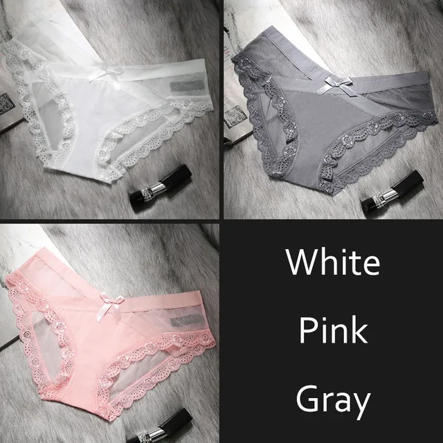 Pink White Grey DULASI, сексуальные кружевные прозрачные сетчатые трусики, женские, дышащие, низкая талия, нижнее белье, милый бант, бесшовные трусы, нижнее белье - Цвет: Pink White Grey