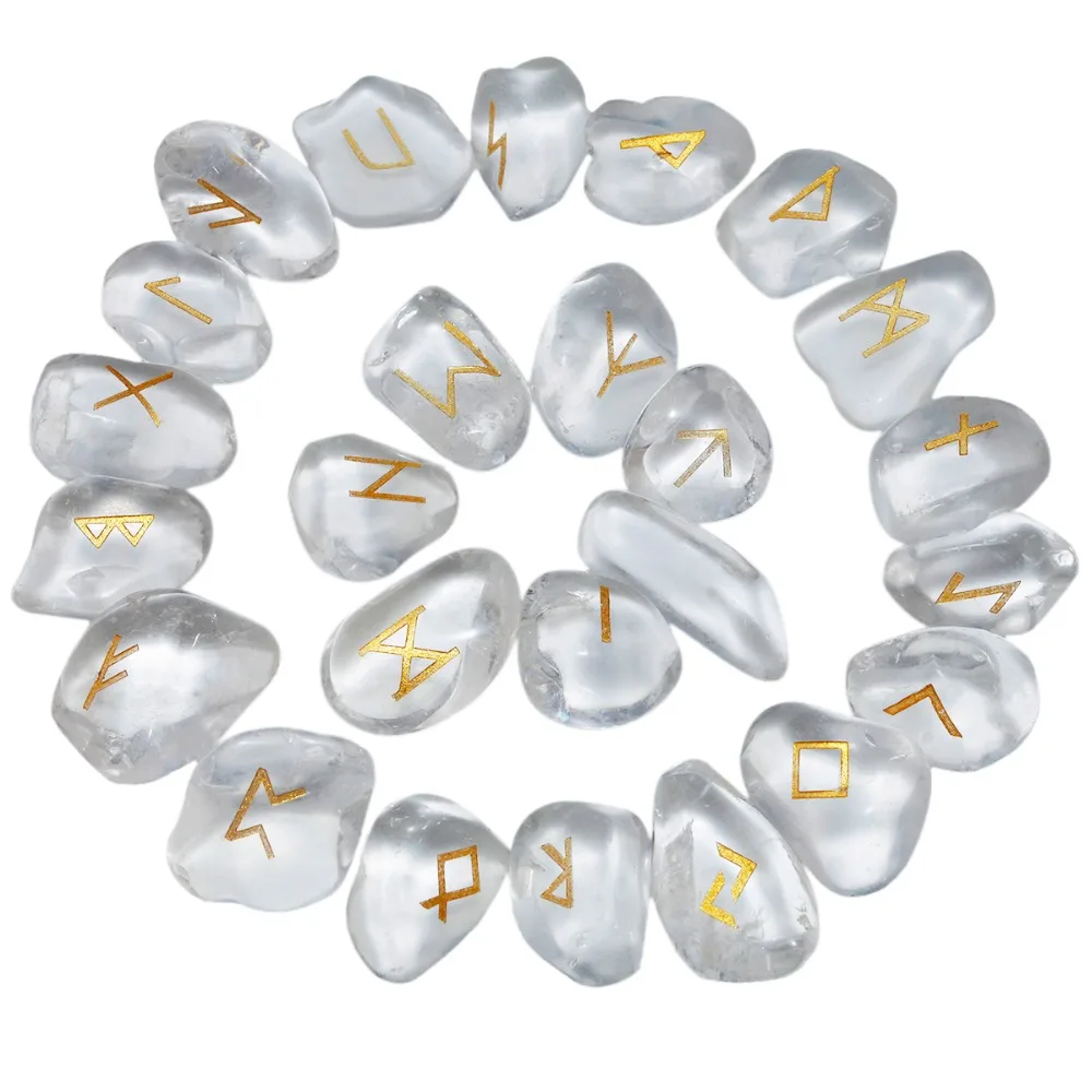 

TUMBEELLUWA 1Lot (25Pc) Natural Rock Quartz Engraved Rune Stones Set Healing Reiki Crystal Tumbled Stones