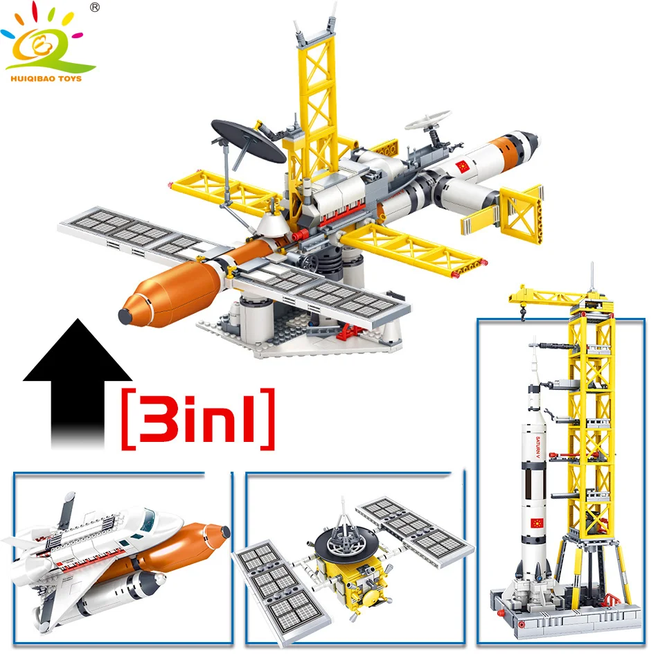 HUIQIBAO игрушки 1043 шт 3в1 авиационный спутниковый ракета шаттл строительные блоки