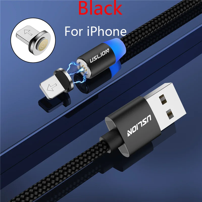 For iPhone Black USLION 2M 3A Магнитный кабель Micro usb type C Быстрая зарядка для iPhone X XR XS 8 7 samsung S10 Xiaomi Магнитный кабель для зарядки телефона - Цвет: For iPhone Black