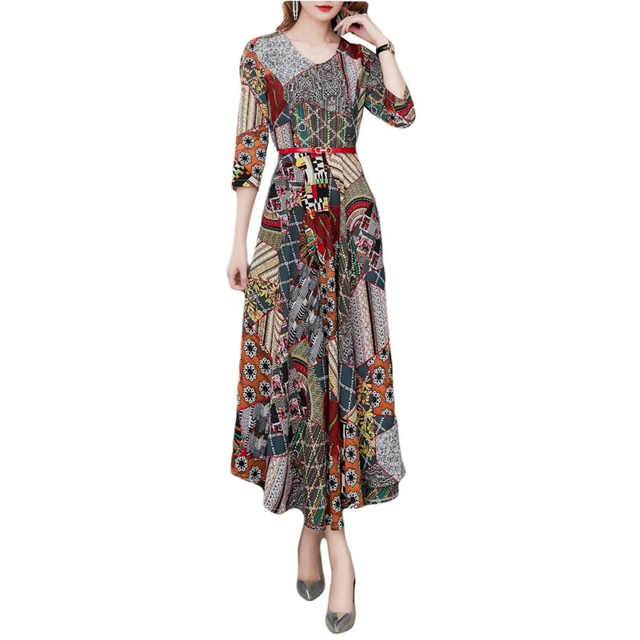 2019 Korean Summer New Beach Midi Dresses Plus Size Vintage Print Boho Maxi Sundress Women Bodycon Short Sleeve Party Vestidos | Женская