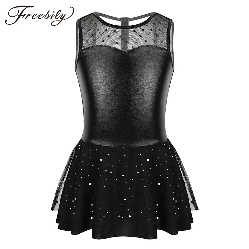 Kids Teens Black Metallic Mesh Splice Gymnastics Leotard Dress Ballet Tutu Children Girls Figure Skating Dance Costumes | Тематическая