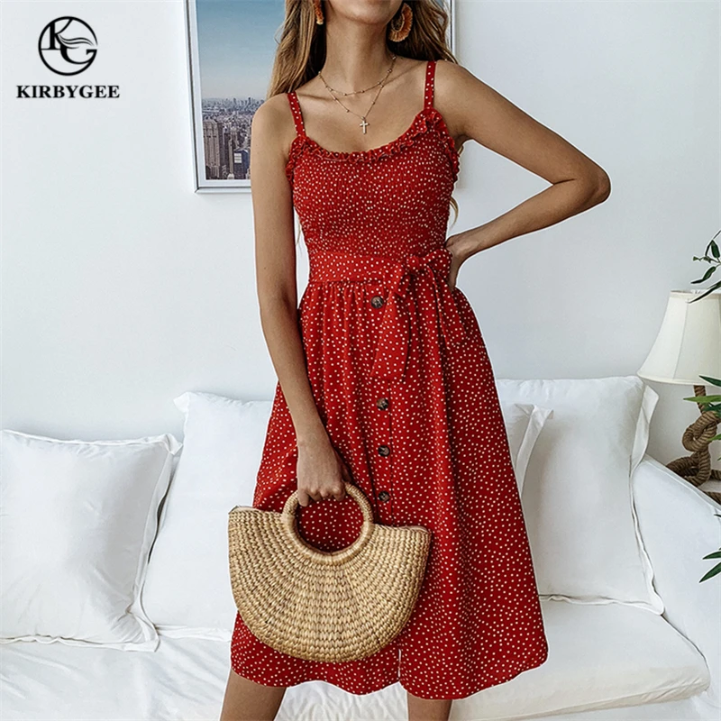 Женское платье в горошек KirbyGee длинное красное с запахом на бретелях пуговицах