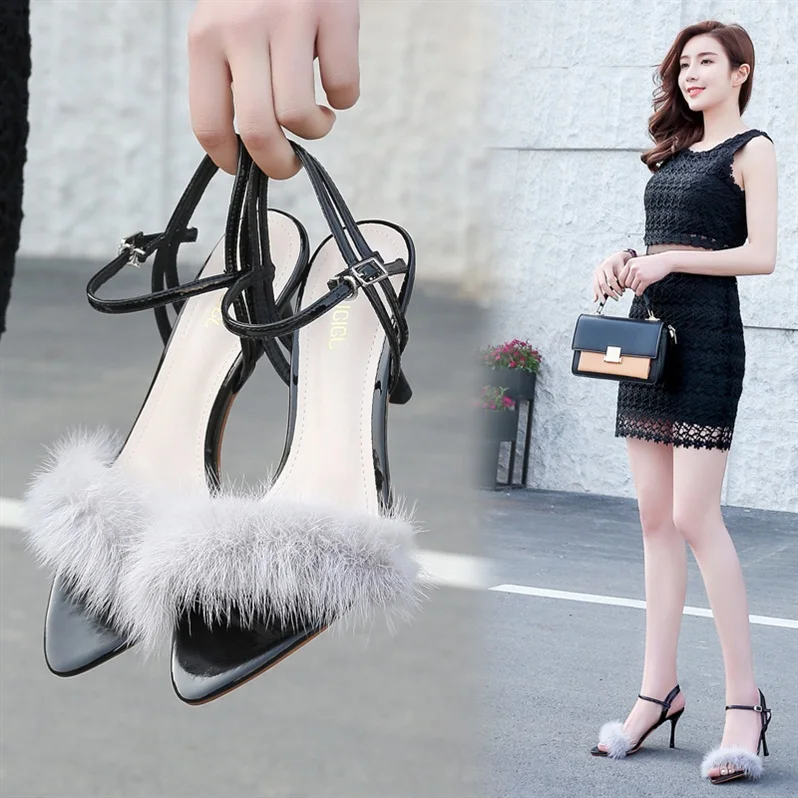 

Moraima Snc 2019 New Fashion Woman Shoes Pointed Toe Open Toe White Pink Grey Stilettos Lady Pump Dancing Party Fur Woman Sandal