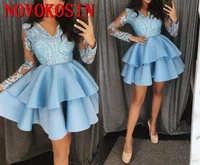 custom made lace short prom party cocktail dresses with long sleeve 2019 v neck ruffles tiered skirt graduation homecoming gown